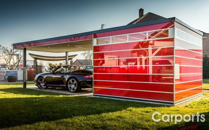 Carport Enzo mit Abstellraum und Porsche