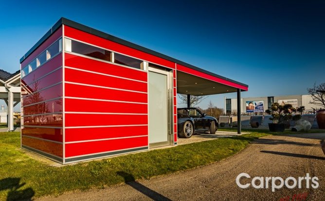 Carport Enzo mit Abstellraum und Porsche