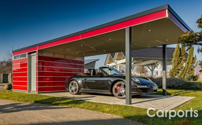 Carport Enzo mit Abstellraum und Porsche