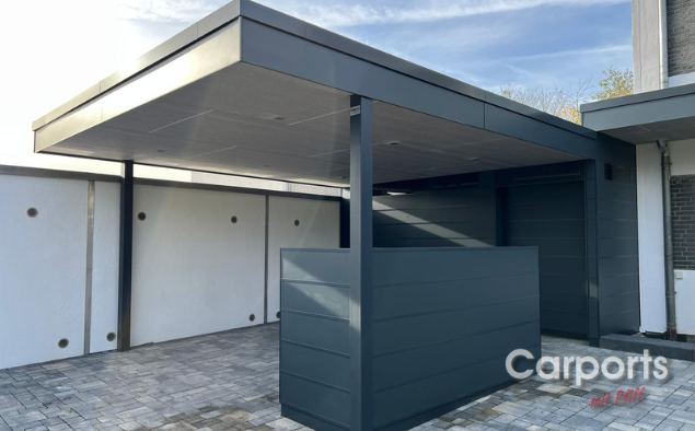 #25 Carport Bauhaus HPL mit halbhoher Seitenwand und Abstellraum