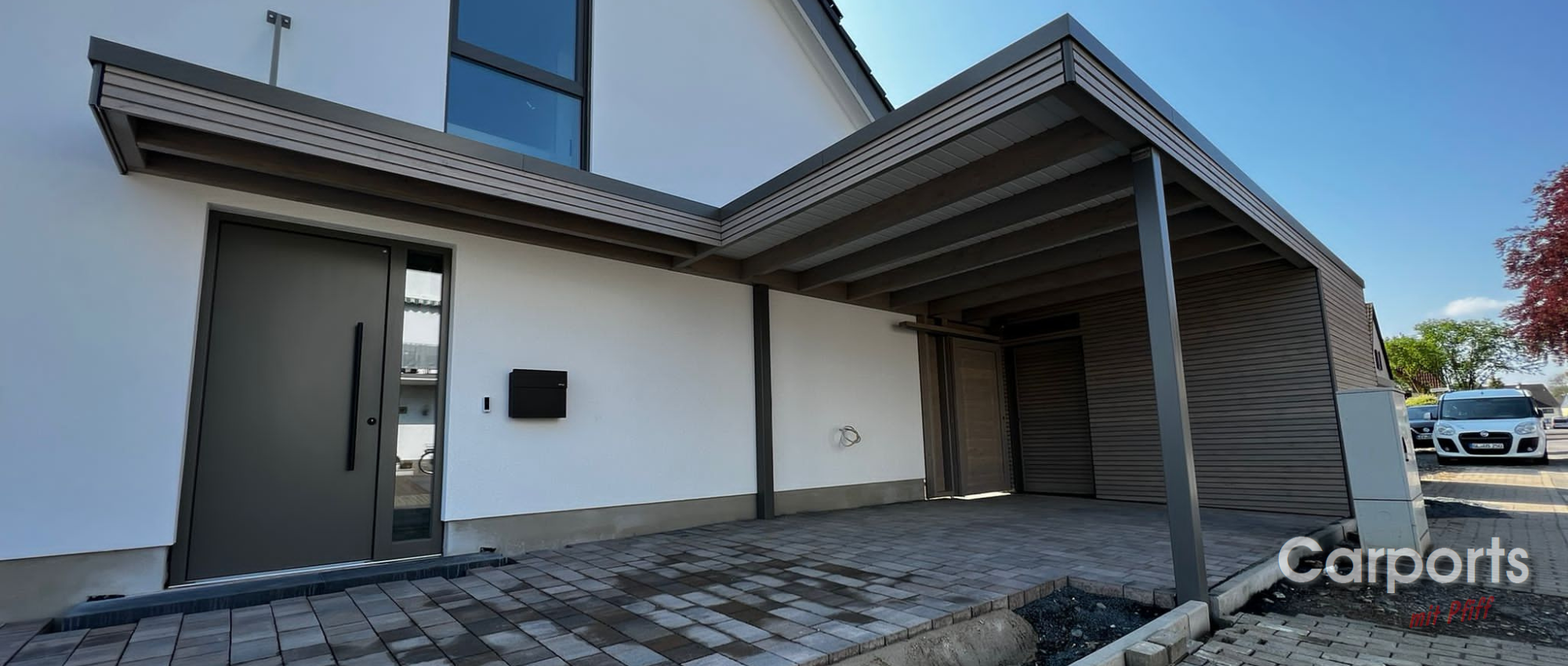 Carport aus Holz für 2 Autos mit Schuppen und Seitenwand