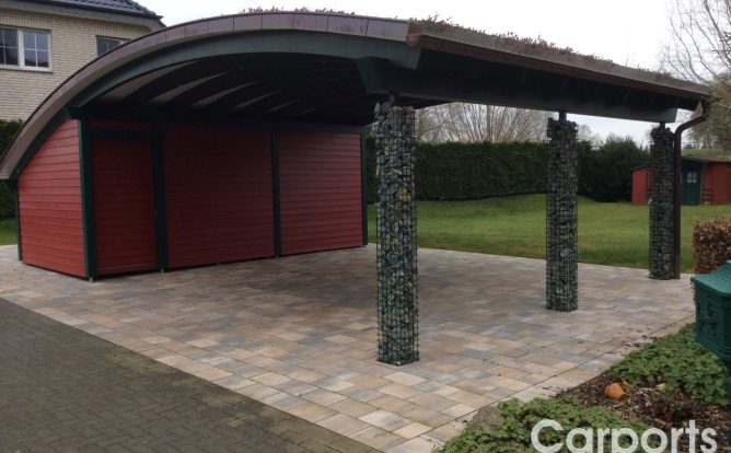 Doppelcarport 10 Bogencarport Rondo mit Gabionen und Abstellraum