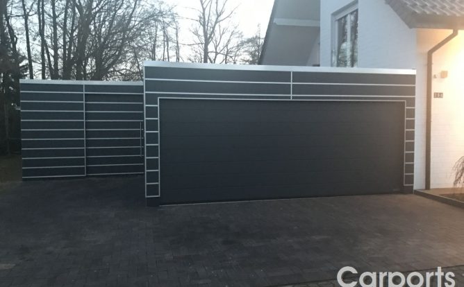 Doppelcarport 4 Carport Trespa mit Hörmann Sektionaltor LPU 40 in Anthrazit