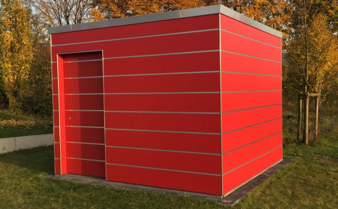 poolhaus 2 Abstellraum Bauhaus Kubisch mit HPL Trespa rot